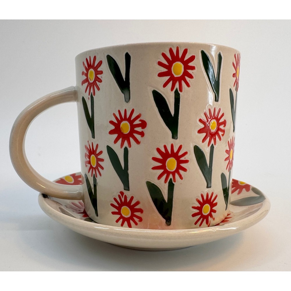 Hazel Mazel Red Daisy Stoneware Mug and Saucer Set Wax Relief Floral HM0172A NWT - Picture 2 of 13